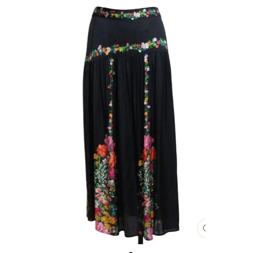 Elizabeth James  THE LABEL Maxi Skirt  PHOEBE Crepe Black Floral Sz S